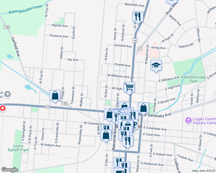 map of restaurants, bars, coffee shops, grocery stores, and more near 316 Elm Street in Bellefontaine
