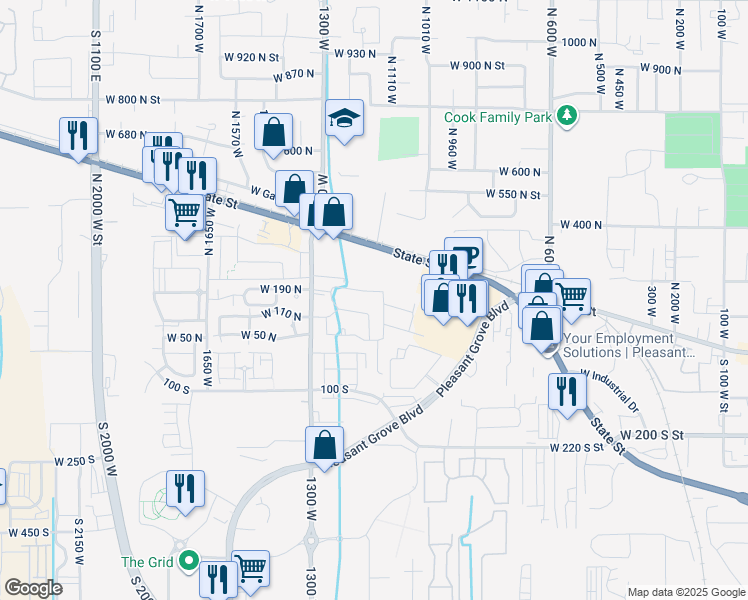 map of restaurants, bars, coffee shops, grocery stores, and more near 167 North Romney Lane in Pleasant Grove