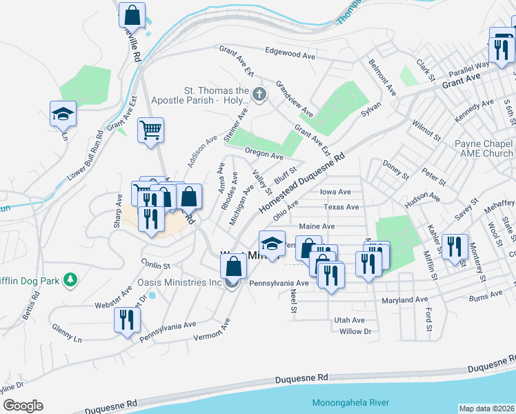 map of restaurants, bars, coffee shops, grocery stores, and more near 1939 Homestead Duquesne Road in West Mifflin