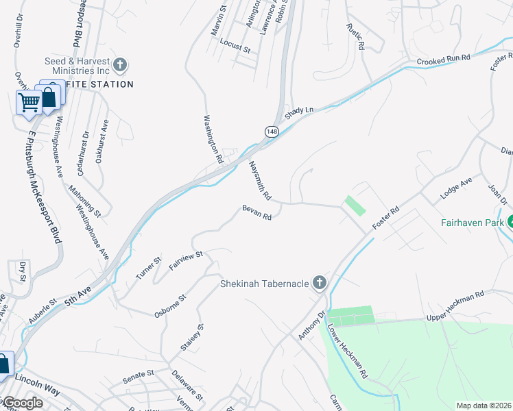 map of restaurants, bars, coffee shops, grocery stores, and more near 3522 Bevan Road in North Versailles