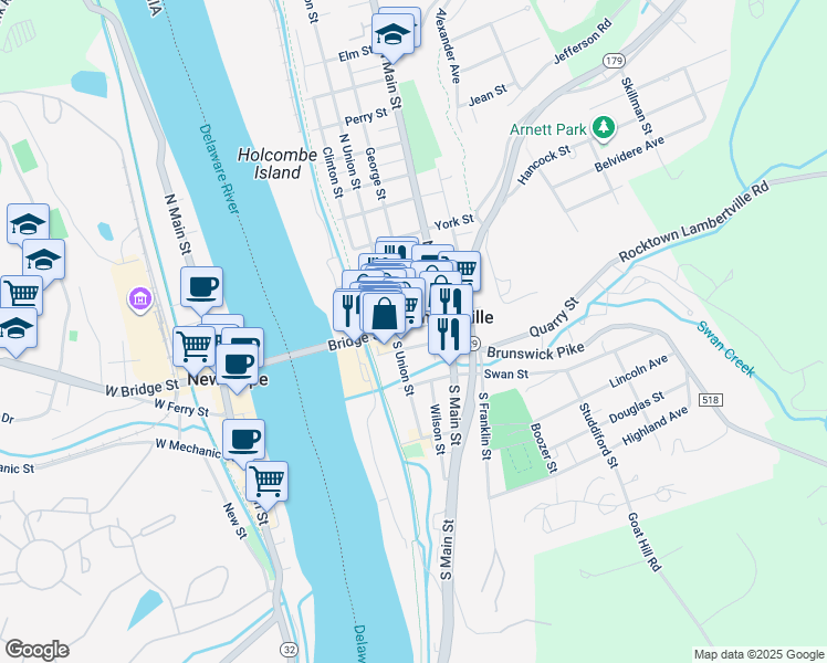 map of restaurants, bars, coffee shops, grocery stores, and more near 51 Bridge Street in Lambertville
