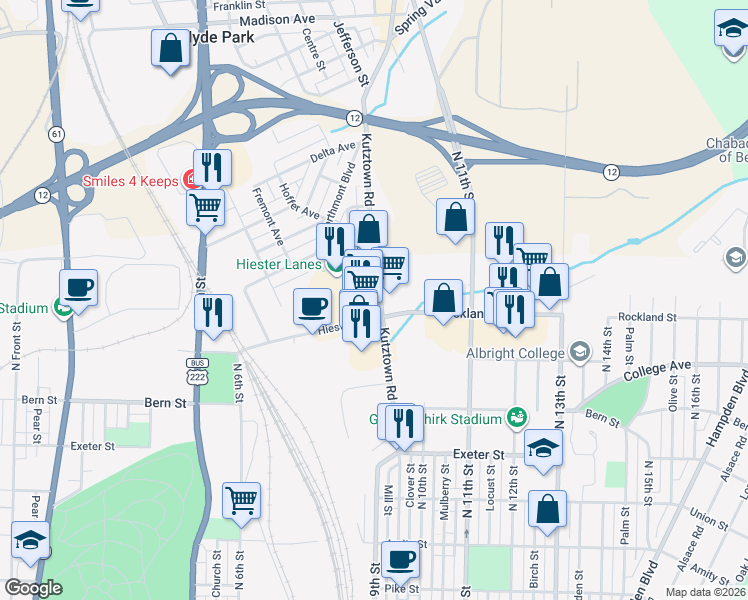 map of restaurants, bars, coffee shops, grocery stores, and more near 2000 Kutztown Road in Reading