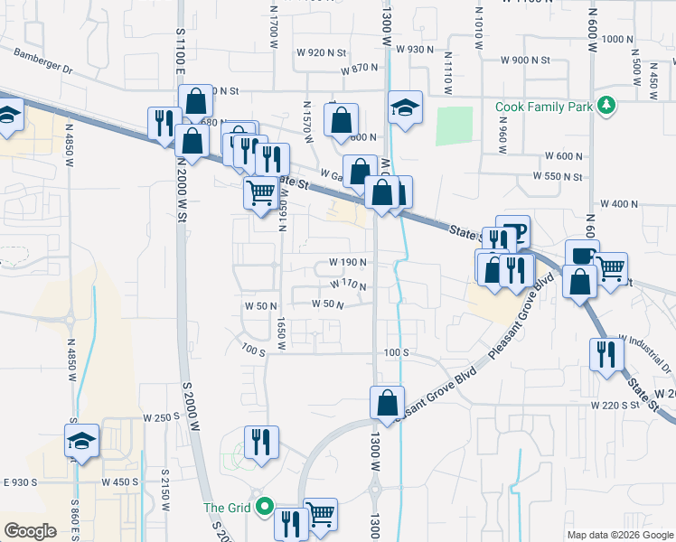 map of restaurants, bars, coffee shops, grocery stores, and more near 1493 West 110 North in Pleasant Grove