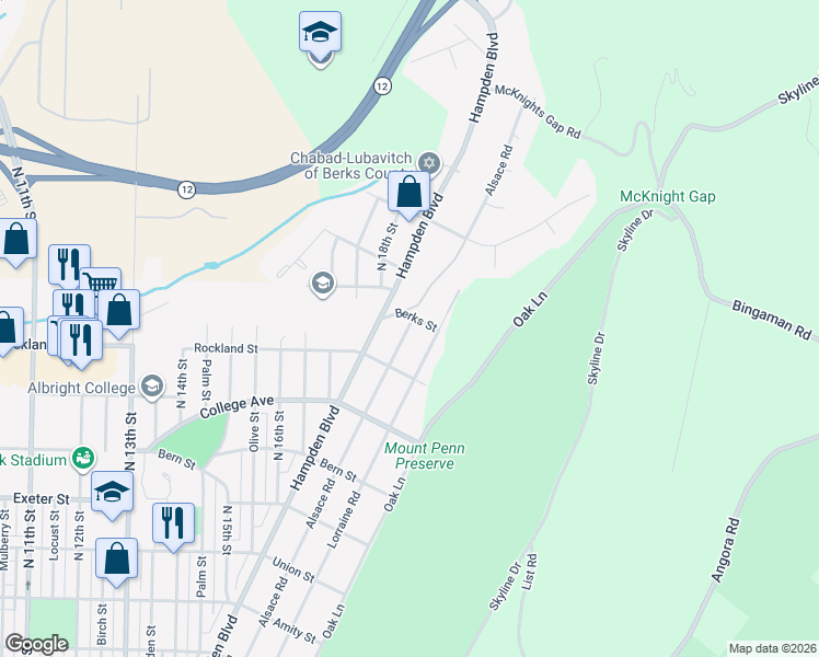 map of restaurants, bars, coffee shops, grocery stores, and more near 2040 Lorraine Road in Reading