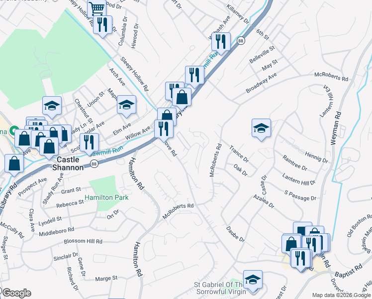 map of restaurants, bars, coffee shops, grocery stores, and more near 322 Murrays Lane in Pittsburgh