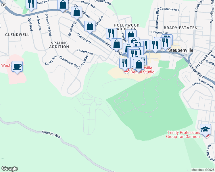 map of restaurants, bars, coffee shops, grocery stores, and more near 500 Stanton Boulevard in Steubenville