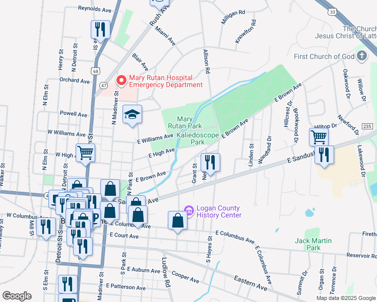 map of restaurants, bars, coffee shops, grocery stores, and more near 521 East Brown Avenue in Bellefontaine