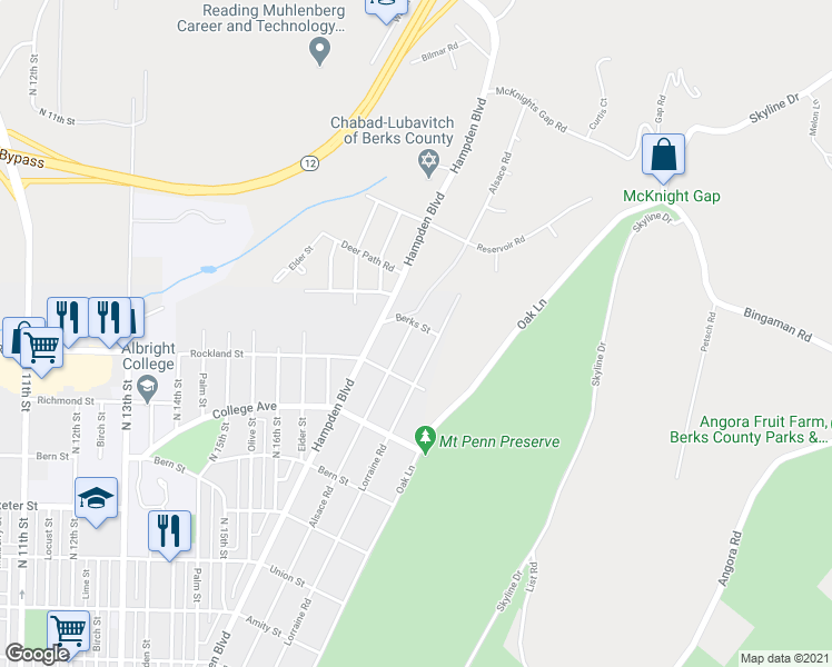 map of restaurants, bars, coffee shops, grocery stores, and more near 2055 Alsace Road in Reading