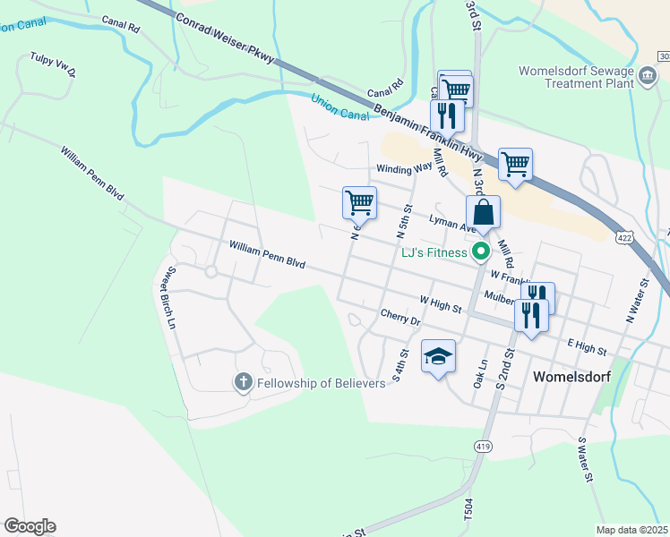 map of restaurants, bars, coffee shops, grocery stores, and more near 609 West High Street in Womelsdorf