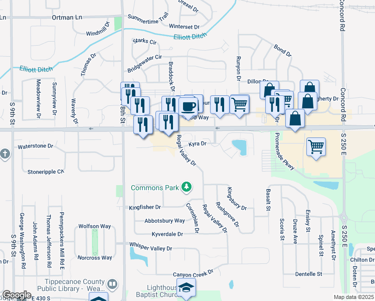 map of restaurants, bars, coffee shops, grocery stores, and more near 2101 Kyra Drive in Lafayette