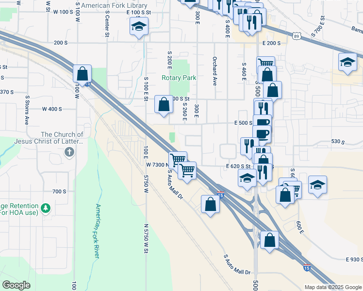 map of restaurants, bars, coffee shops, grocery stores, and more near 568 South 260 East in American Fork