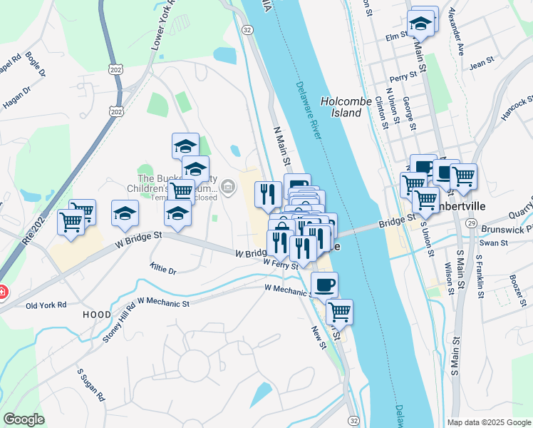 map of restaurants, bars, coffee shops, grocery stores, and more near 1430 Stockton Avenue in New Hope