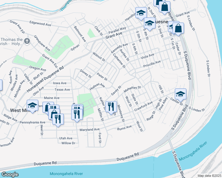 map of restaurants, bars, coffee shops, grocery stores, and more near 1209 Goldstrohm Lane in Duquesne
