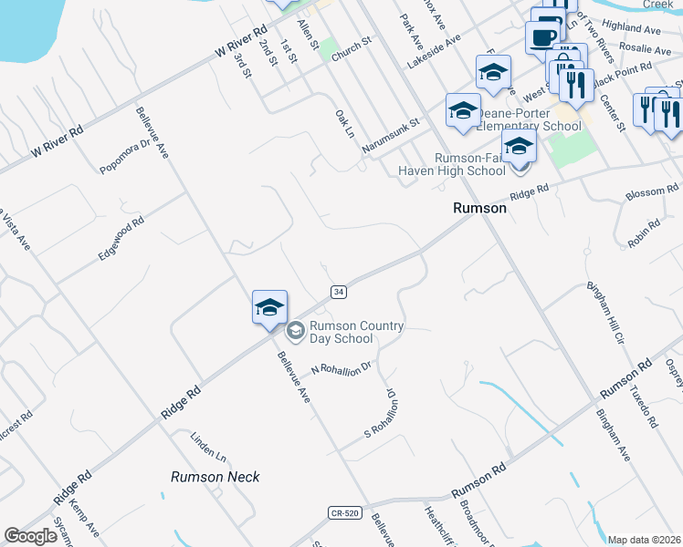 map of restaurants, bars, coffee shops, grocery stores, and more near 13 Sheraton Lane in Rumson