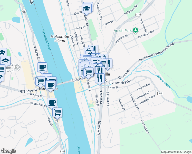 map of restaurants, bars, coffee shops, grocery stores, and more near in Lambertville