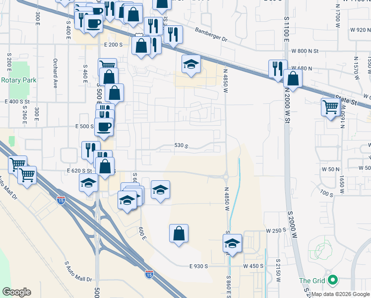 map of restaurants, bars, coffee shops, grocery stores, and more near 765 East 550 South in American Fork