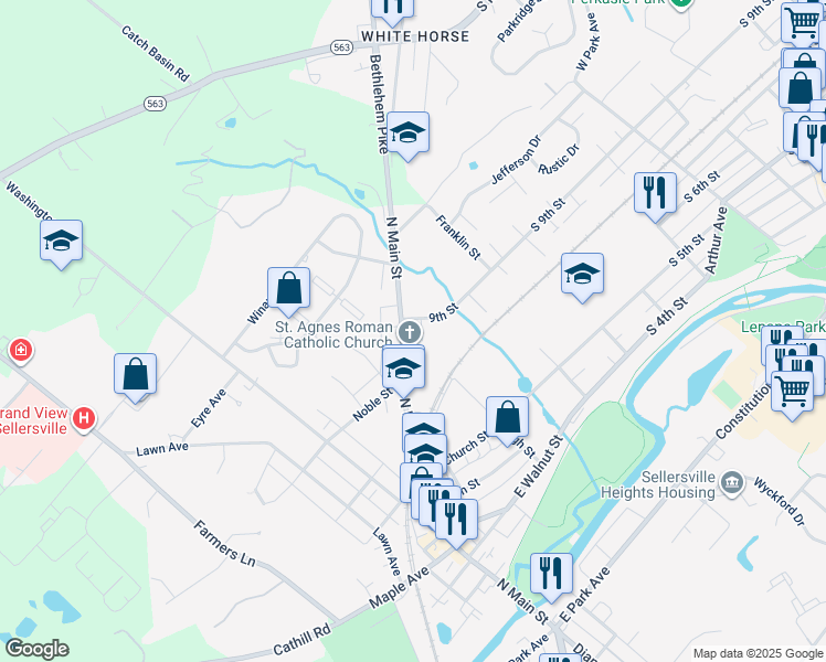 map of restaurants, bars, coffee shops, grocery stores, and more near 453 North Main Street in Sellersville