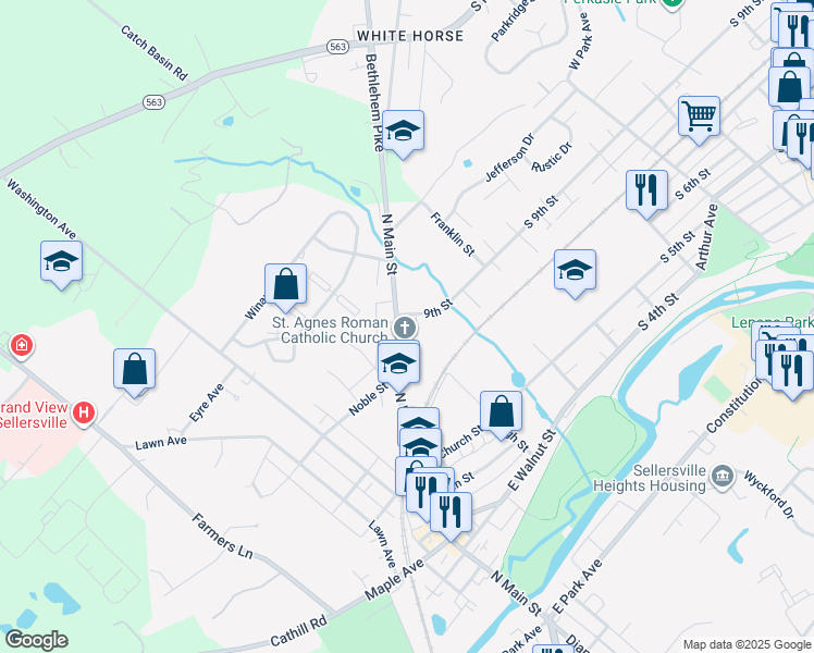 map of restaurants, bars, coffee shops, grocery stores, and more near 453 North Main Street in Sellersville