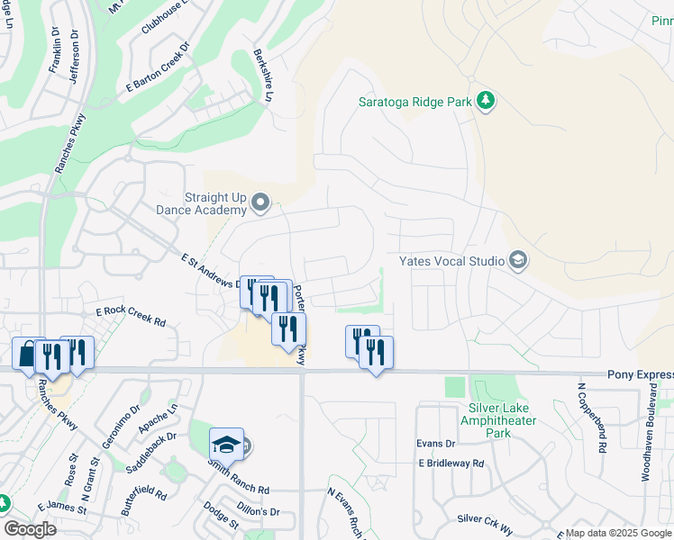 map of restaurants, bars, coffee shops, grocery stores, and more near 4247 East Tivon Lane in Eagle Mountain