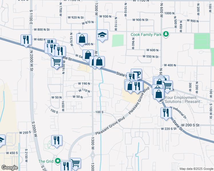 map of restaurants, bars, coffee shops, grocery stores, and more near 1121 West State Road in Pleasant Grove