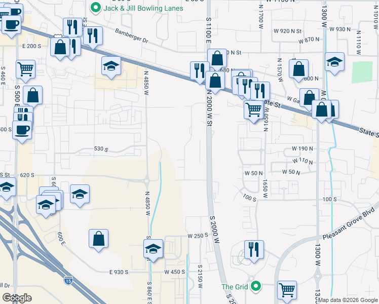 map of restaurants, bars, coffee shops, grocery stores, and more near 545 South 1140 East in American Fork