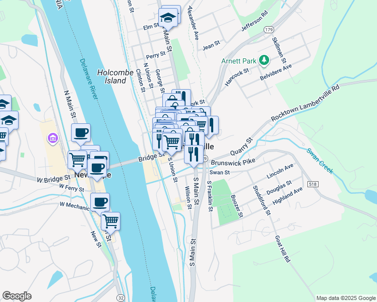 map of restaurants, bars, coffee shops, grocery stores, and more near in Lambertville
