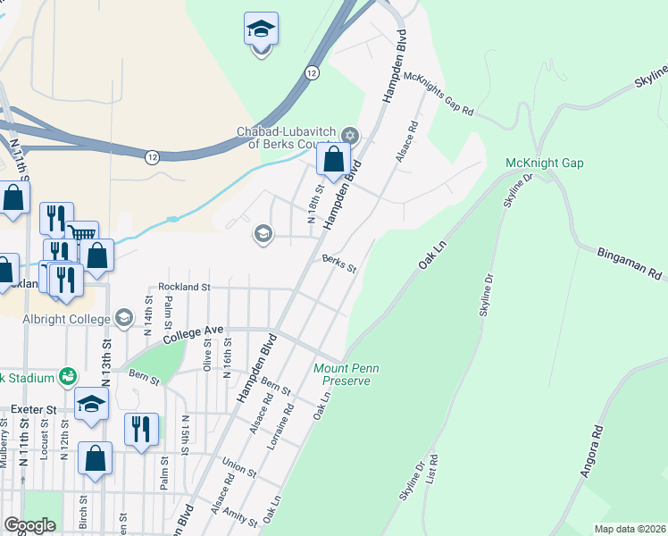 map of restaurants, bars, coffee shops, grocery stores, and more near 2150 Alsace Road in Reading