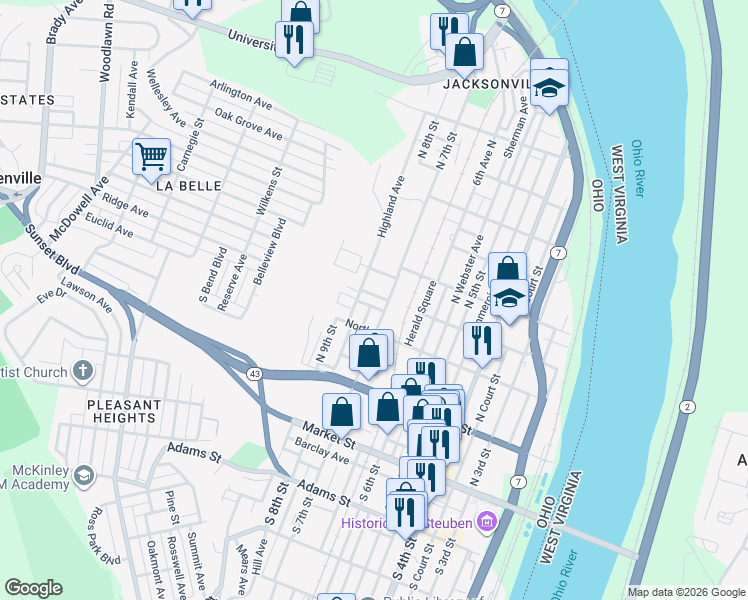 map of restaurants, bars, coffee shops, grocery stores, and more near 421 North 7th Street in Steubenville