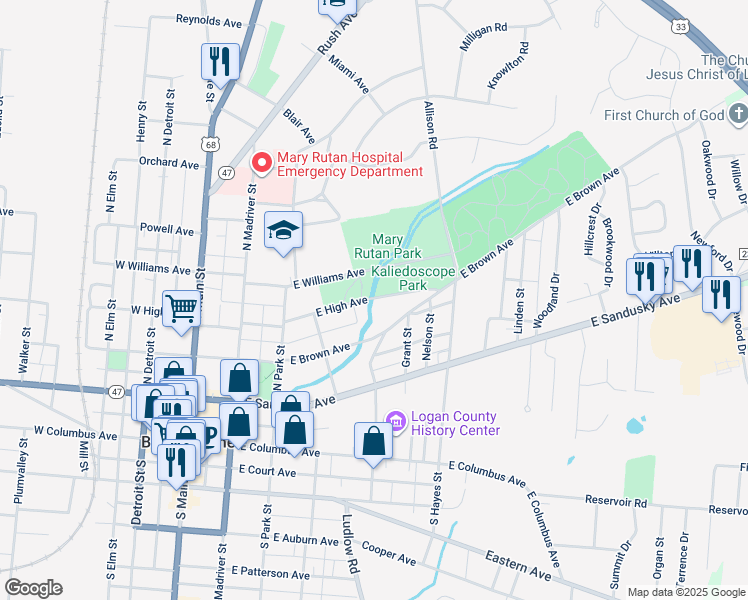 map of restaurants, bars, coffee shops, grocery stores, and more near 503 East High Avenue in Bellefontaine