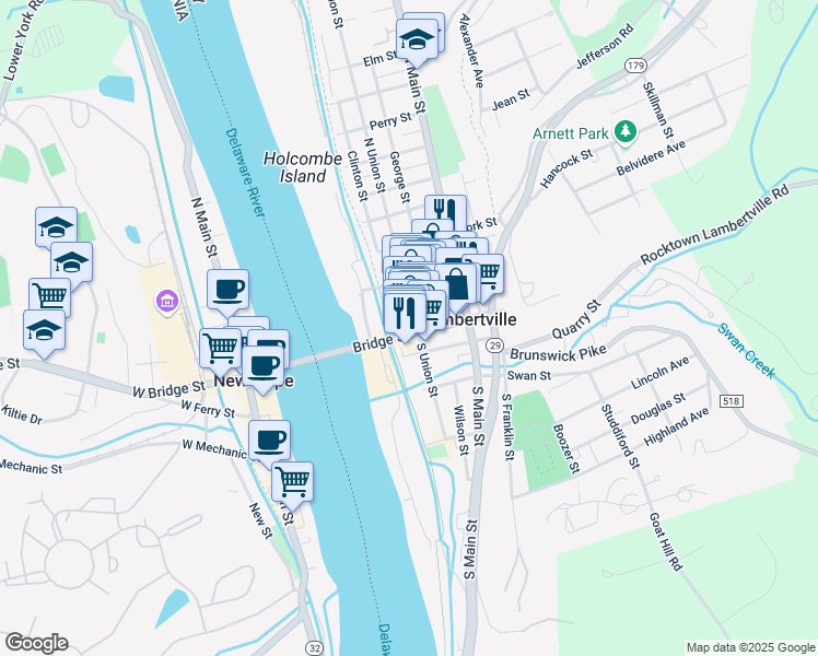 map of restaurants, bars, coffee shops, grocery stores, and more near 5 Gordons Alley in Lambertville