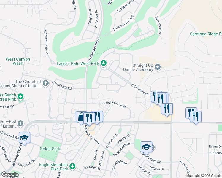 map of restaurants, bars, coffee shops, grocery stores, and more near 3669 Royal Troon Drive in Eagle Mountain