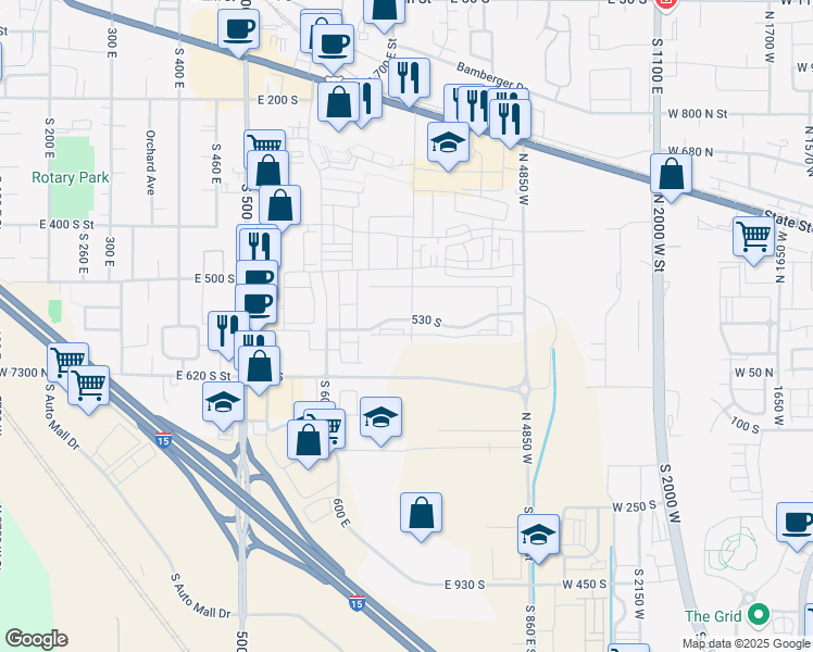 map of restaurants, bars, coffee shops, grocery stores, and more near 739 East 550 South in American Fork