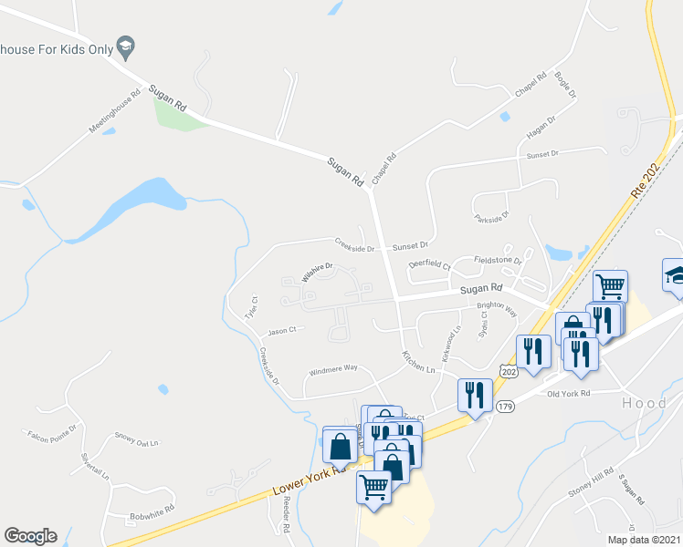 map of restaurants, bars, coffee shops, grocery stores, and more near 402 Greenwich Court in New Hope
