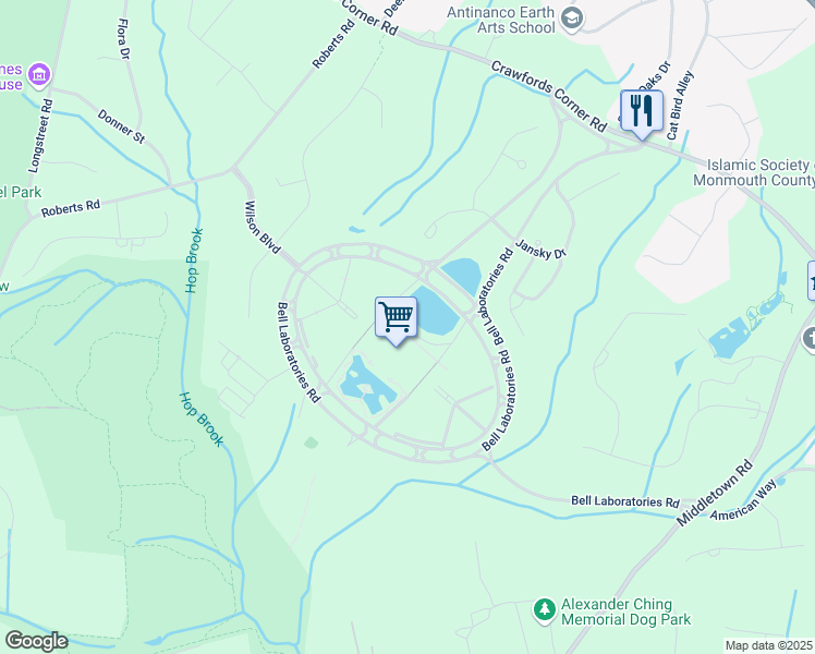 map of restaurants, bars, coffee shops, grocery stores, and more near 101 Crawfords Corner Road in Holmdel