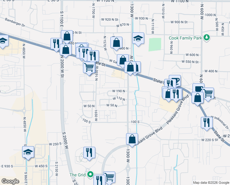 map of restaurants, bars, coffee shops, grocery stores, and more near 1473 West 190 North in Pleasant Grove