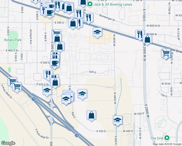 map of restaurants, bars, coffee shops, grocery stores, and more near 752 East 500 South in American Fork