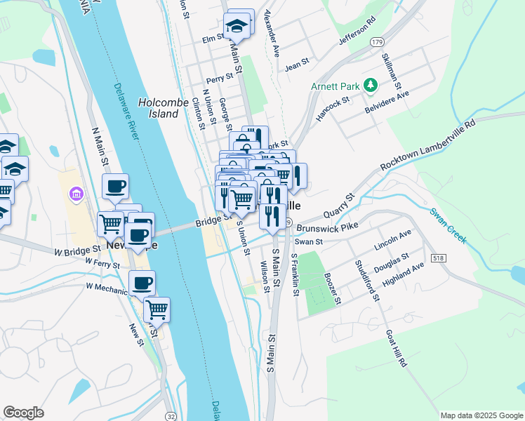 map of restaurants, bars, coffee shops, grocery stores, and more near in Lambertville
