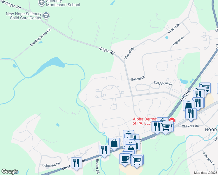 map of restaurants, bars, coffee shops, grocery stores, and more near 201 Creekside Drive in New Hope