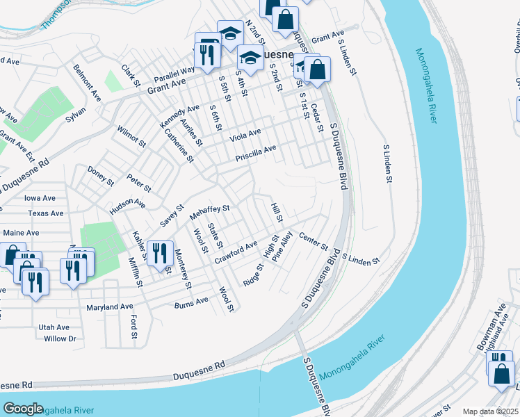 map of restaurants, bars, coffee shops, grocery stores, and more near in Duquesne