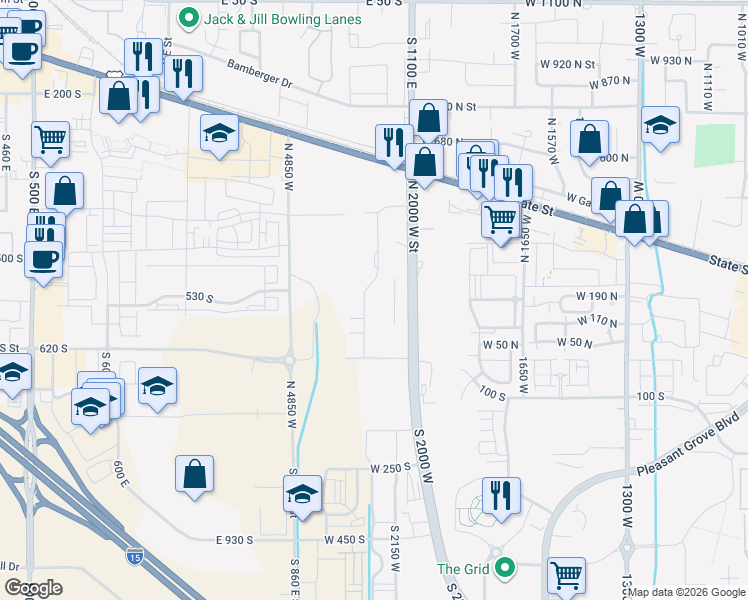 map of restaurants, bars, coffee shops, grocery stores, and more near 545 South 1140 East in American Fork
