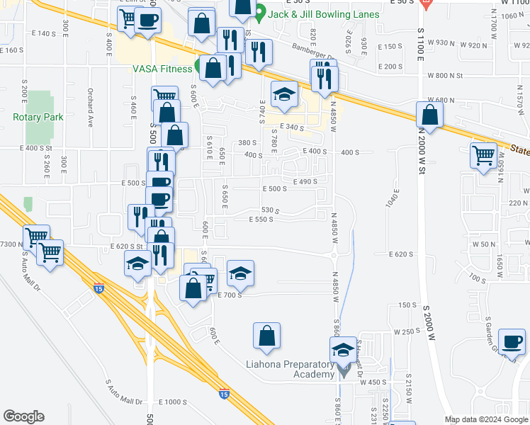 map of restaurants, bars, coffee shops, grocery stores, and more near 752 East 500 South in American Fork