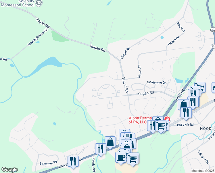 map of restaurants, bars, coffee shops, grocery stores, and more near 408 Greenwich Court in New Hope
