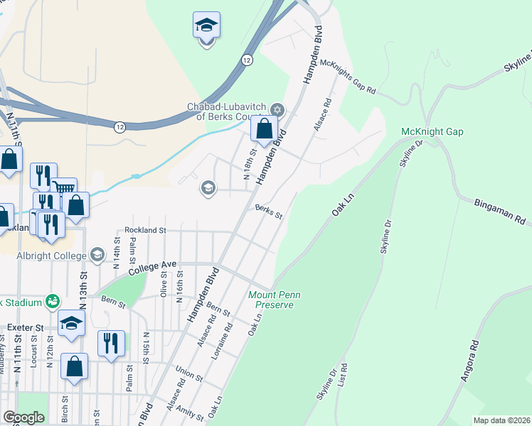 map of restaurants, bars, coffee shops, grocery stores, and more near 2150 Alsace Road in Reading