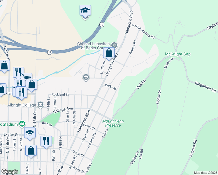 map of restaurants, bars, coffee shops, grocery stores, and more near 2150 Alsace Road in Reading