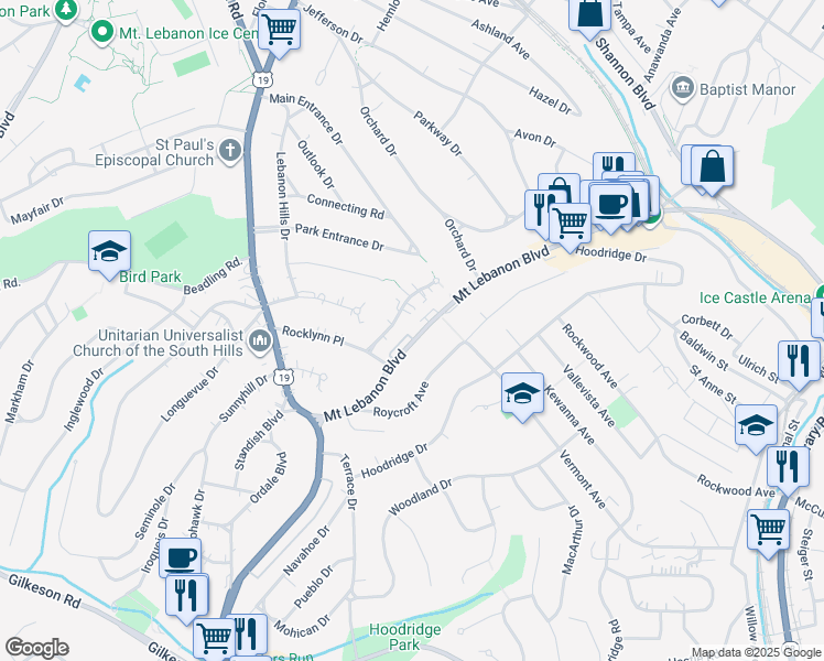 map of restaurants, bars, coffee shops, grocery stores, and more near 128 Rock Haven Lane in Pittsburgh