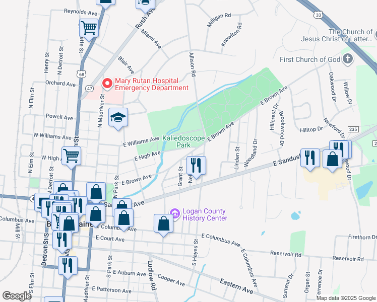 map of restaurants, bars, coffee shops, grocery stores, and more near 401429 East Williams Avenue in Bellefontaine