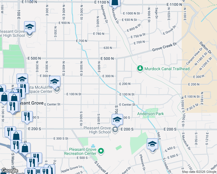 map of restaurants, bars, coffee shops, grocery stores, and more near 652 East 200 North in Pleasant Grove