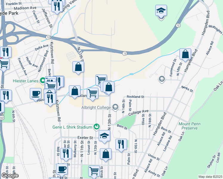 map of restaurants, bars, coffee shops, grocery stores, and more near S Reading Ave & 3rd St in Boyertown