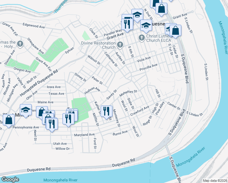 map of restaurants, bars, coffee shops, grocery stores, and more near 904 Savey Street in Duquesne