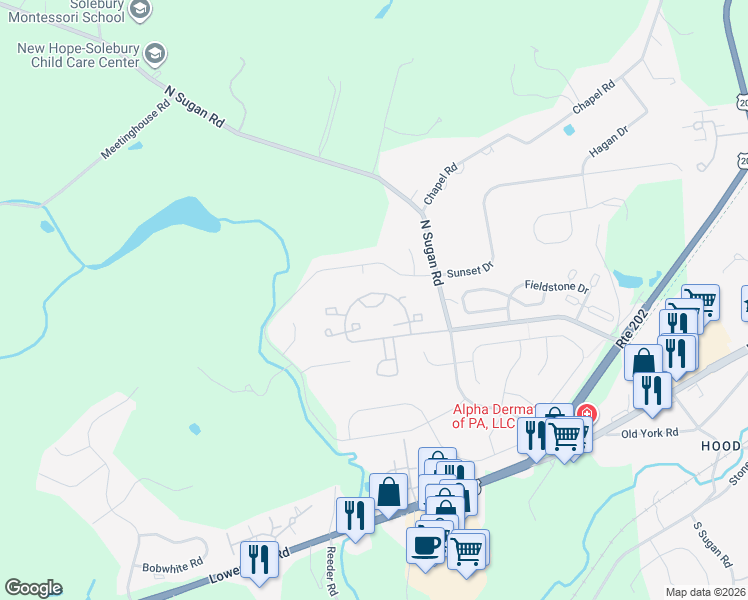 map of restaurants, bars, coffee shops, grocery stores, and more near 409 Greenwich Court in New Hope
